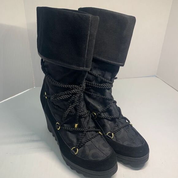 Coach Maisy Black Signature C Lace Up Wedge Boots size 8B - Picture 1 of 12